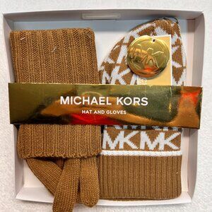 Michael Kors Hat & Glove Gift Set Dark Camel Cream Knit Logo Print